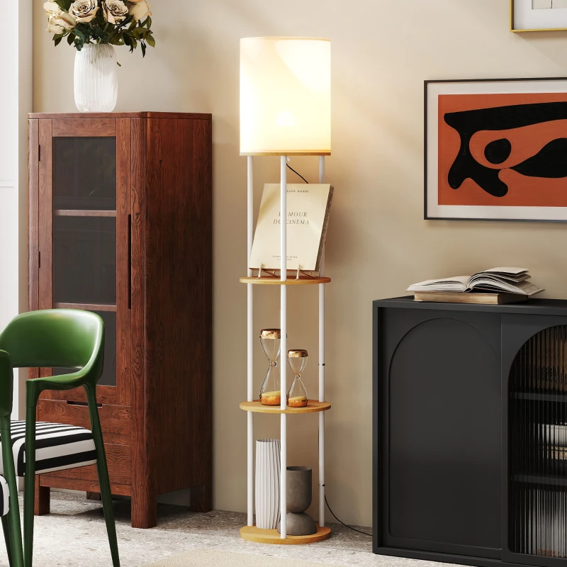 HOMCOM Candeeiro de Pé com Prateleiras 3 Temperaturas de Cor Controlo Remoto e Casquilho E27 Ø29x158 cm Madeira