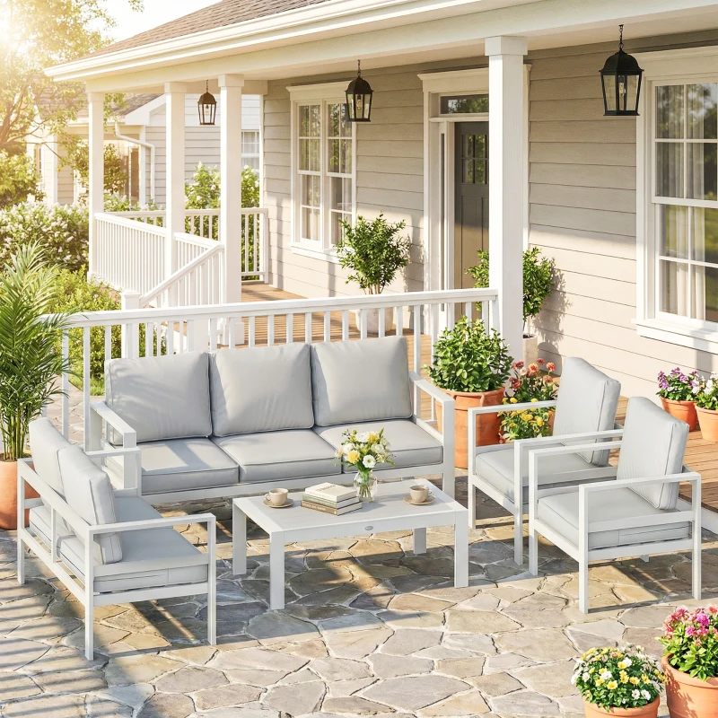 Outsunny Mobili da Giardino in Alluminio con Divano 3 Posti, 2 Sedie e Tavolo per Esterni, Bianco