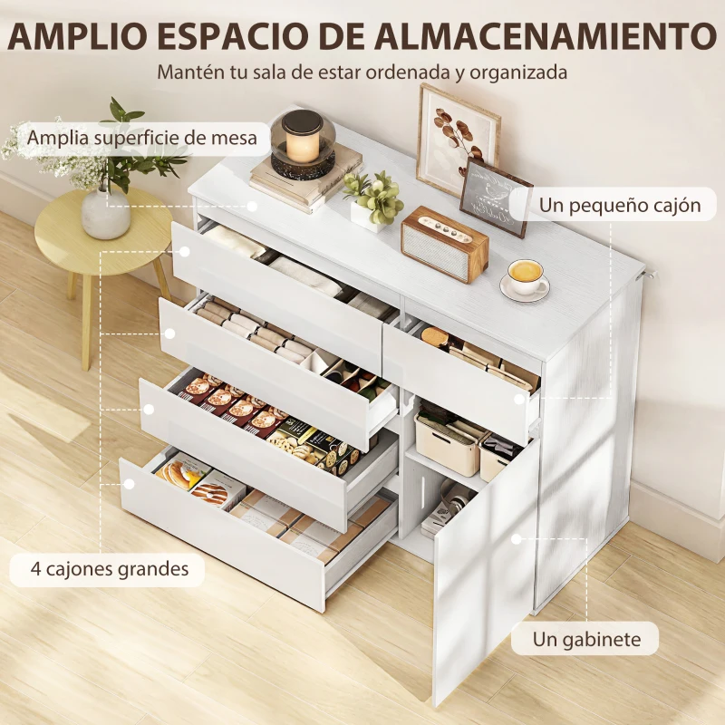 HOMCOM Aparador de Salón con 5 Cajones Estantes Ajustables Puerta de Cierre Suave 100x40x80 cm Blanco Brillo