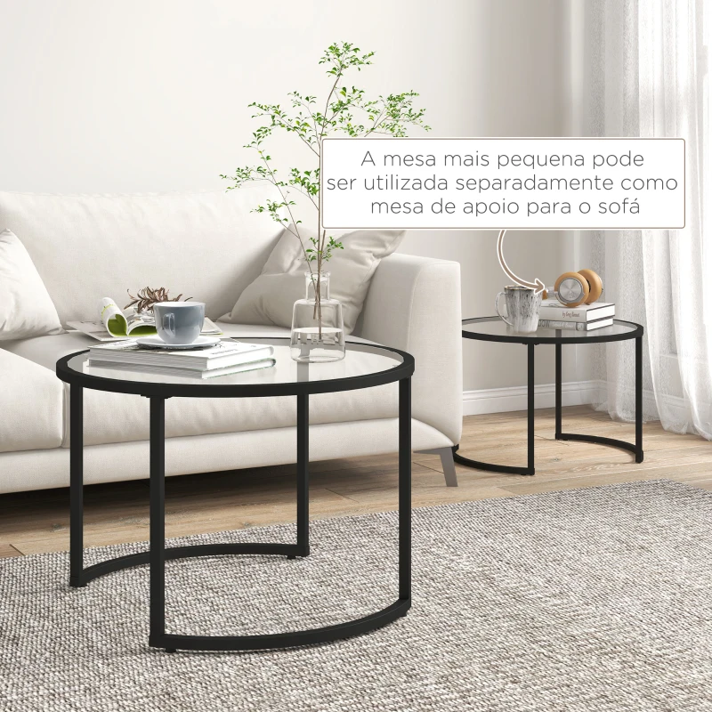 HOMCOM Conjunto de 2 Mesas de Apoio Redondas Bancada de Vidro Temperado e Estrutura de Aço Grande 70 cm Pequena 54 cm Preto e Transparente