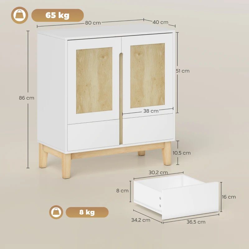 HOMCOM Buffet, meuble de rangement avec 2 portes, 2 tiroirs et étagère réglable, 80 x 40 x 86 cm, blanc et chêne
