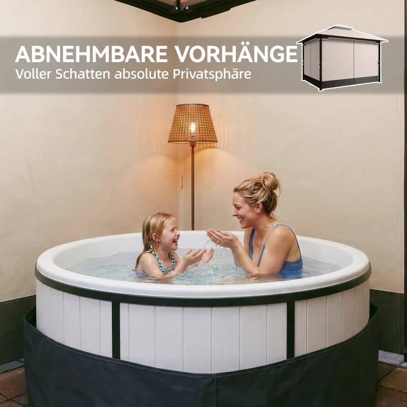 Outsunny Pavillon 3,6x3 m Wasserabweisend Stabil Winterfest Gartenpavillon mit Doppeldach Moskitonetz Seitenteile Abflusslöcher