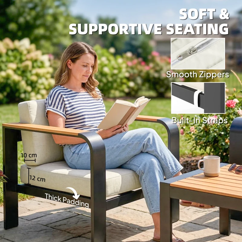 Outsunny 3 Pieces Garden Furniture Set with L-Shaped Sofa, Armchair and Coffee Table, Aluminium Garden Corner Sofa Set