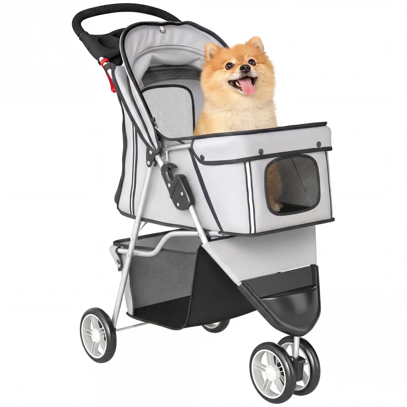 PawHut Dog Stroller, 3 Wheels Foldable Pet Stroller with Adjustable Canopy, Storage Basket for Small Mini Breeds, Grey