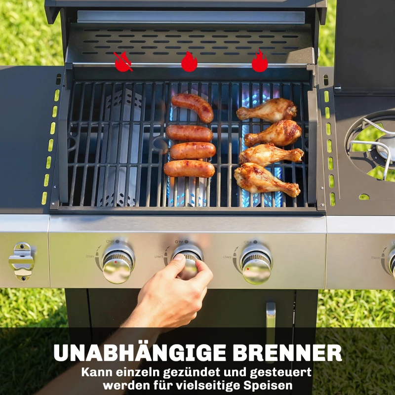 Outsunny Gasgrill 10,5 KW 3+1 Brenner BBQ Grillwagen Edelstahl inkl Seitenbrenner Flaschenöffner Thermometer Gusseisen-Grillrost