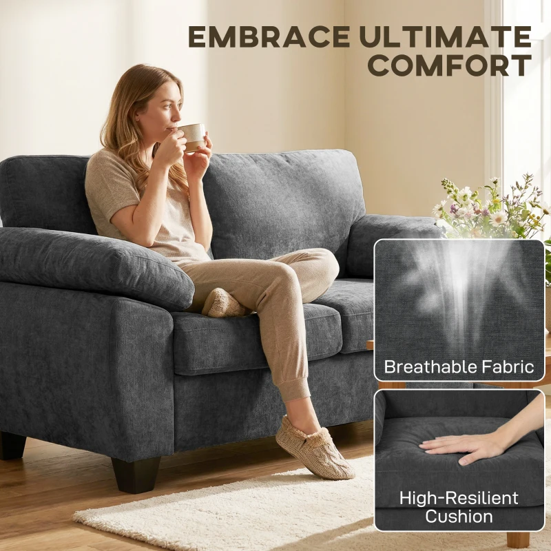 HOMCOM Sofa 2-osobowa, 156 cm sofa Chenille z grubymi poduszkami sprężynowymi, szerokimi tapicerowanymi podłokietnikami, obciążenie 300 kg, ciemnoszara