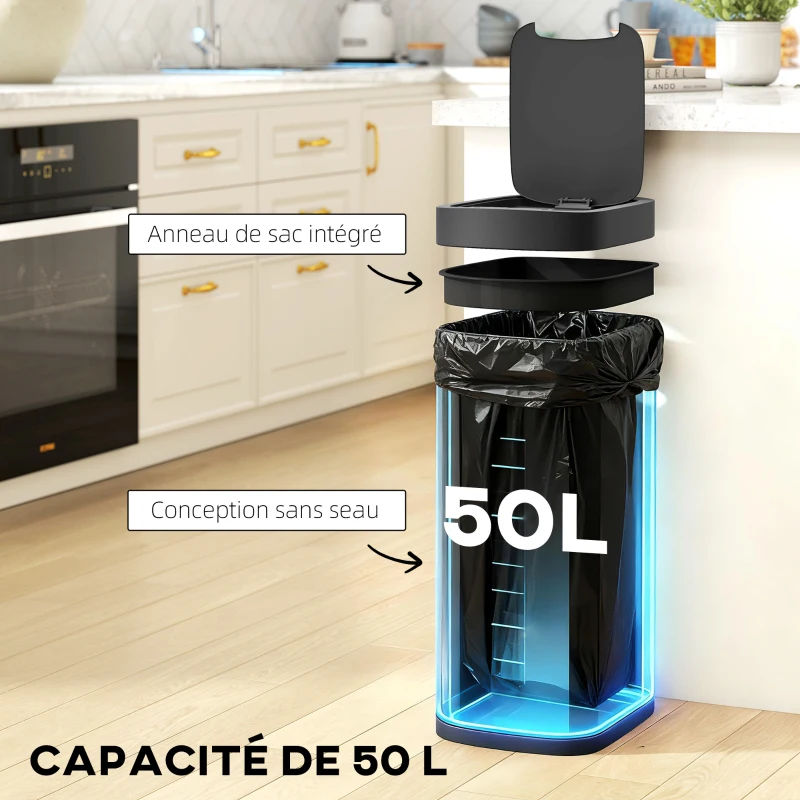 HOMCOM Poubelle de cuisine automatique 50L, poubelle à capteur de mouvement, fonctionne sur piles, 26,5x35,5x68cm, crème