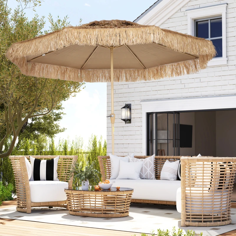 Outsunny Parasol de jardin extérieur en paille Ø 294 cm parasol droit mat 8 baleines en métal protection UV avec manivelle jaune