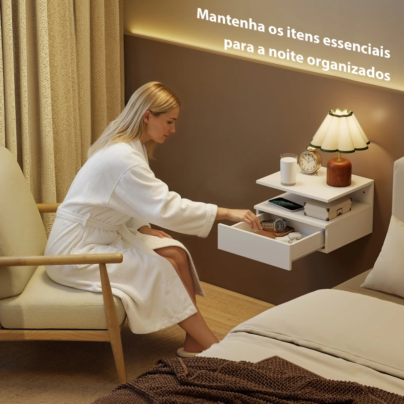 HOMCOM Conjunto de Mesas de Cabeceira Suspensas com Gaveta Montadas na Parede 35x32x22,5 cm Branco