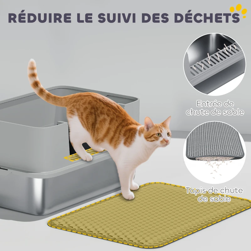 PawHut Bac à litière XL en acier inoxydable, maison de toilette pour grand chat, nettoyage facile 60,2 x 40,2 x 29,5 cm, gris