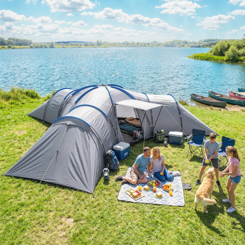 Outsunny 6-9 Man Large Tunnel Tent with 3 Bedrooms, Living Area and Porch, Stand-up Camping Tent, Portable with Bag, Light Grey