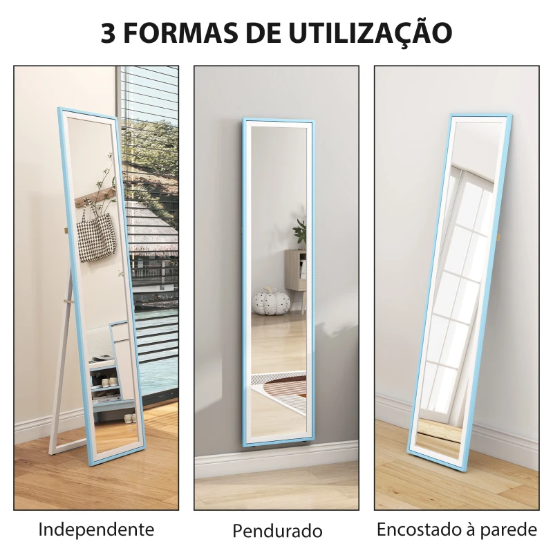 HOMCOM Espelho de Pé 157x37 cm com Moldura em MDF Espelho de Parede Retangular  com 2 Formas de Utilização Branco e Azul