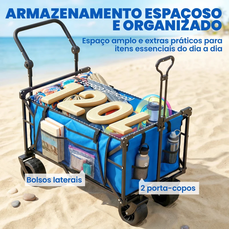 Outsunny Carrinho de Transporte com Rodas Grandes Travão Teto Amovível Carro Dobrável para Jardim com Barra Ajustável 125x59x133 cm Azul