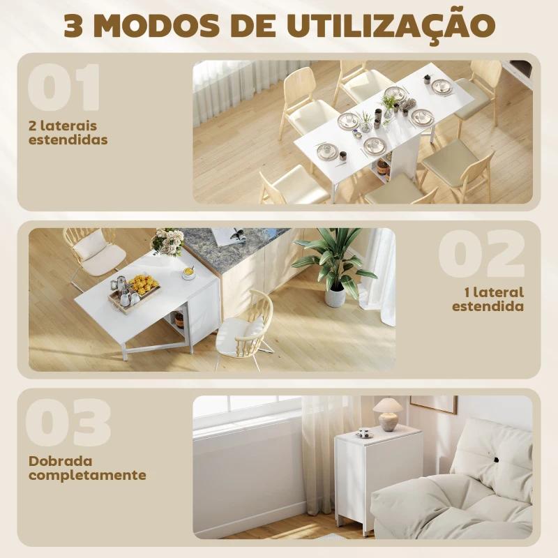 HOMCOM Mesa de Cozinha Dobrável com Arrumação Mesa de Refeição Compacta com 4 Prateleiras 169x60x75 cm Branco