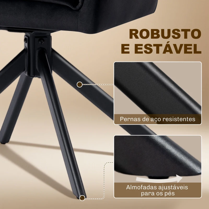 HOMCOM Conjunto de 2 Cadeiras de Refeição Giratórias 360° Estofado Estofamento em Veludo Pés em Aço 63x64x85 cm Preto
