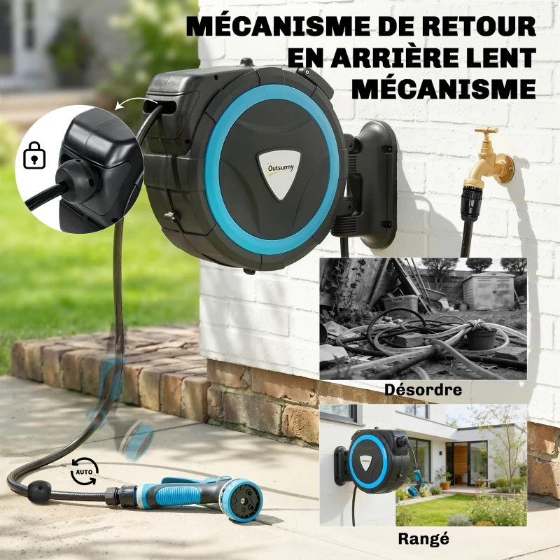 Outsunny Enrouleur Tuyau Arrosage Mural 14+1,5 m avec Verrou et Adaptateurs, Pivotant à 180°, 12 Pulvérisations, 49x15x37cm, Bleu
