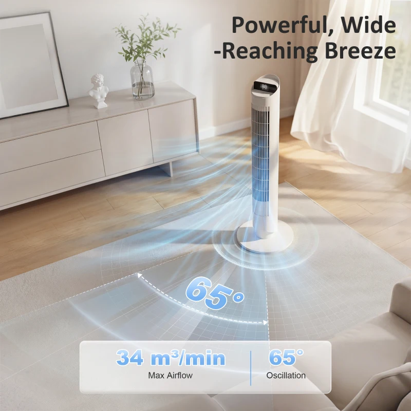 HOMCOM Tower Fan with WiFi App Control Standing Floor Cooling Fan Remote Control 101.8 cm White