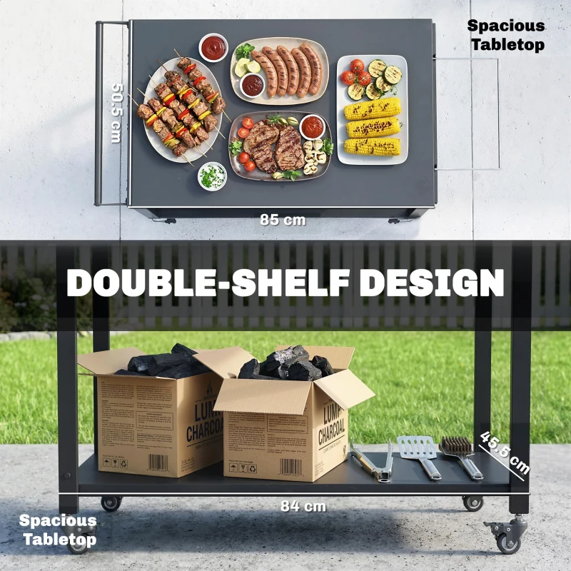 Outsunny Wózek kuchenny z kółkami, 2-poziomowy wózek serwisowy z uchwytem na worek na śmieci, haczykami, uchwytami, 113 x 50,5 x 88 cm czarny