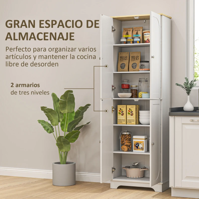 HOMCOM Alacena de Cocina Mueble Auxiliar de Cocina con 4 Puertas y Estantes Ajustables para Comedor Salón 60x30x183 cm Blanco