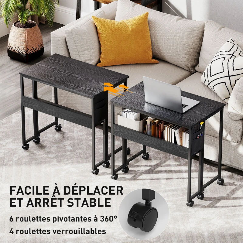 HOMCOM Bureau pliable sur roulettes 80 x 50 cm avec étagère et sac de rangement, noir