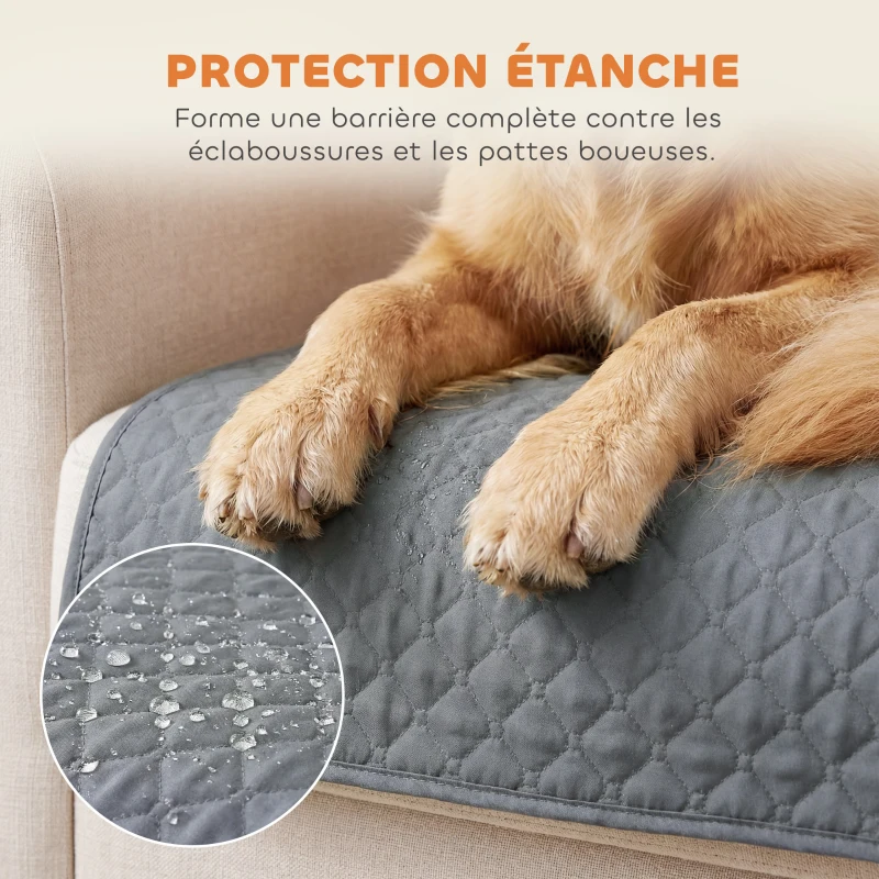 PawHut Housse de Canapé Protecteur de Meubles 3 Places Imperméable Anti-glisse avec Poches de Rangement Gris