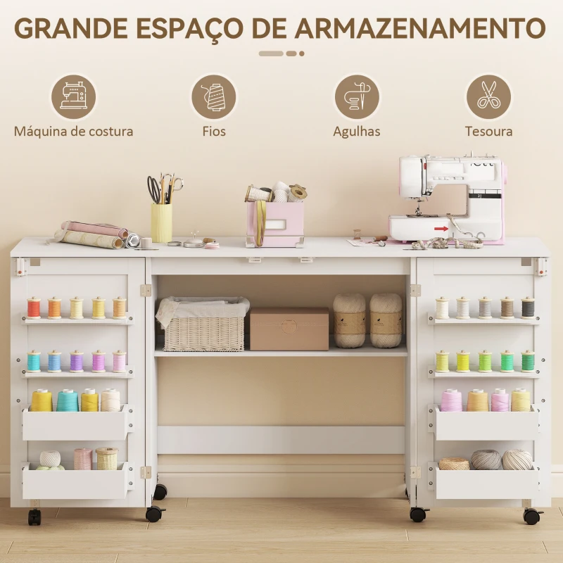 HOMCOM Mesa de Costura Dobrável com 6 Rodas Móvel para Máquina de Costura com 20 Pinos para Fios 4 Compartimentos 160x40x81,5 cm Branco
