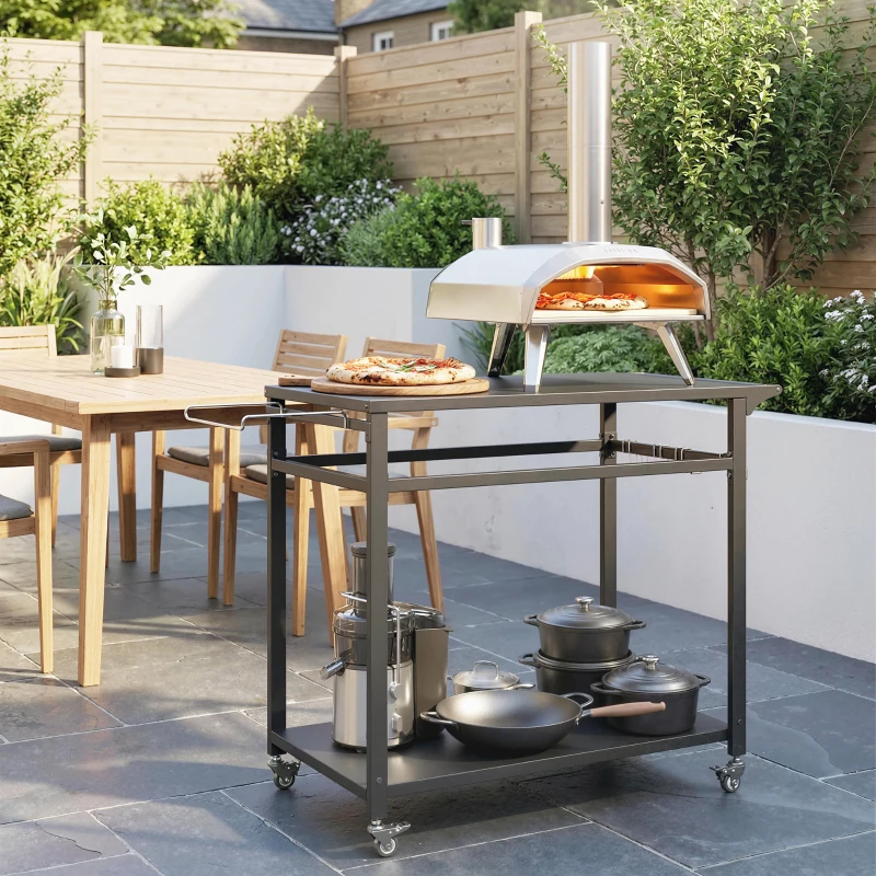 Outsunny Küchenwagen mit Rollen, 2-stöckiger Servierwagen mit Müllbeutelhalter, Haken, Griffe, 113 x 50,5 x 88 cm Schwarz