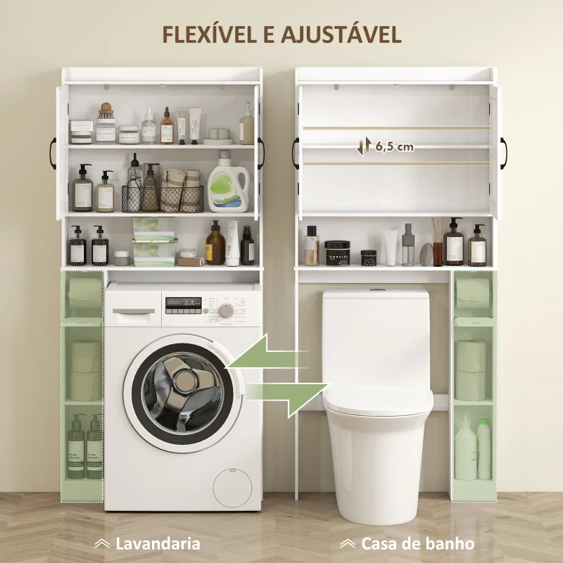 HOMCOM Armário sobre Sanita com Prateleira Ajustável 2 Portas Suporte para Papel Higiênico Armário para Máquina de Lavar 80x19,5x170 cm Branco