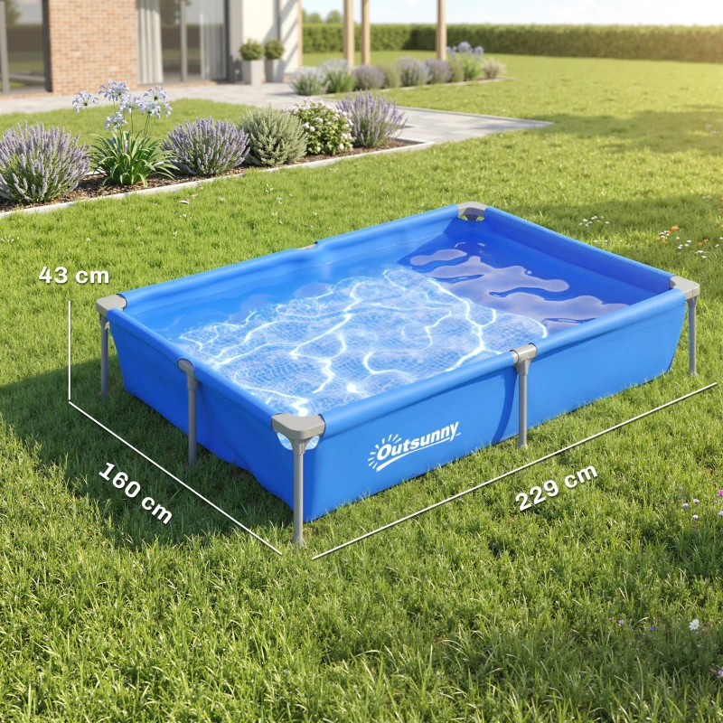 Outsunny Metal Frame Swimming Pool, Rectangular Above Ground Frame Pool with Repair Patch, 229 x 160 x 43 cm, Blue