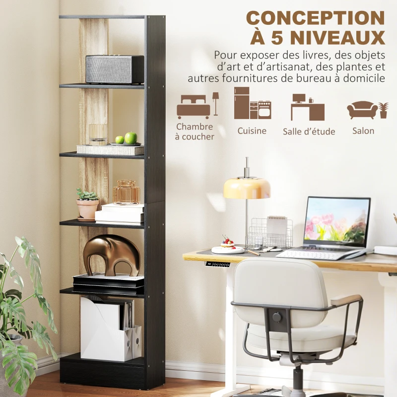 HOMCOM Bibliothèque Étagère de Rangement avec 5 Compartiments Ouverts 45 x 21 x 170 cm Noir et Chêne
