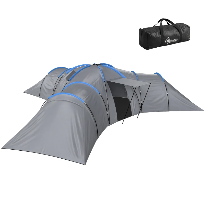 Outsunny 6-9 Man Large Tunnel Tent with 3 Bedrooms, Living Area and Porch, Stand-up Camping Tent, Portable with Bag, Light Grey