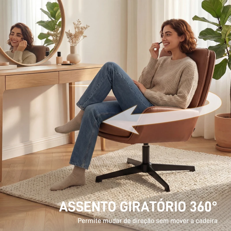 HOMCOM Poltrona de Sala Estofada em PU Poltrona de Leitura com Assento Acolchoado Apoios de Braços Pernas Metálicas Castanho