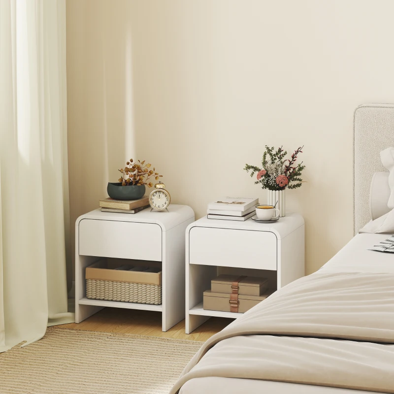 HOMCOM Lot de 2 tables de chevet, table d'appoint moderne avec compartiment ouvert et tiroir, 40 x 35 x 45 cm, blanc