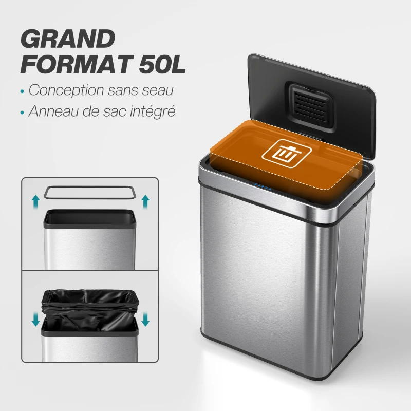 HOMCOM Poubelle à capteur 50 L avec couvercle à fermeture douce, poubelle de cuisine automatique en acier inoxydable, argenté