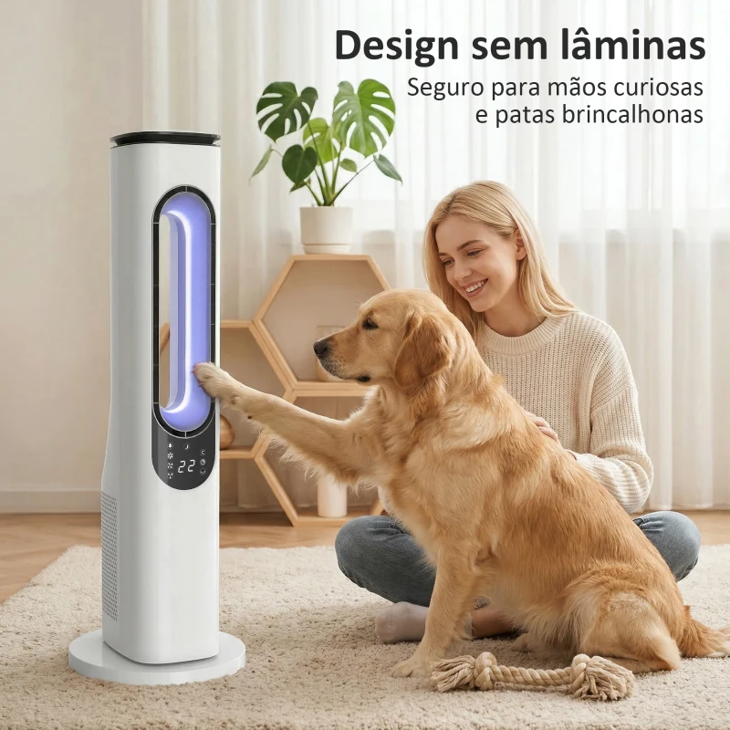 HOMCOM Ventoinha de Torre sem Pás com Luzes LED Controlo Remoto 3 Velocidades 3 Modos Temporizador 15H Oscilação 50° Branco