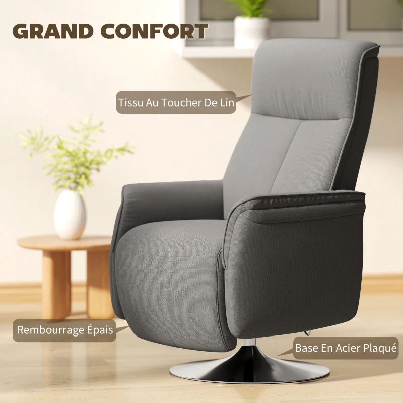 HOMCOM Fauteuil relax massant fauteuil de relaxation inclinable pivotant dossier et repose-pieds réglable 68,5x77x117cm gris(m-5)