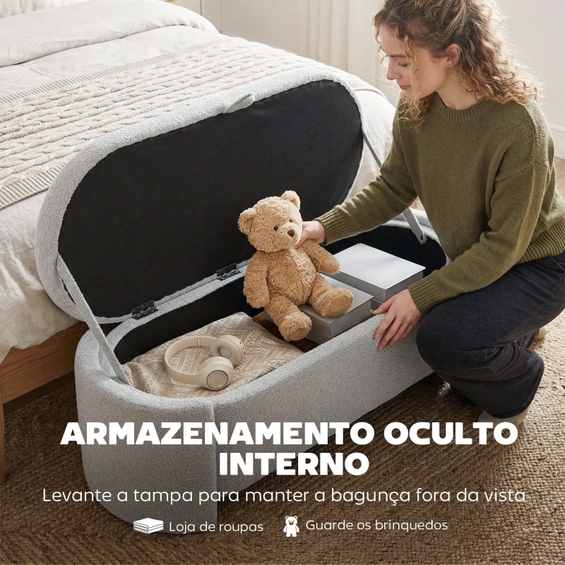 HOMCOM Puff de Armazenamento Banco Ovalado 129x48,5x44 cm Estofado em Tecido Teddy Capacidade 200 kg Cinzento Claro