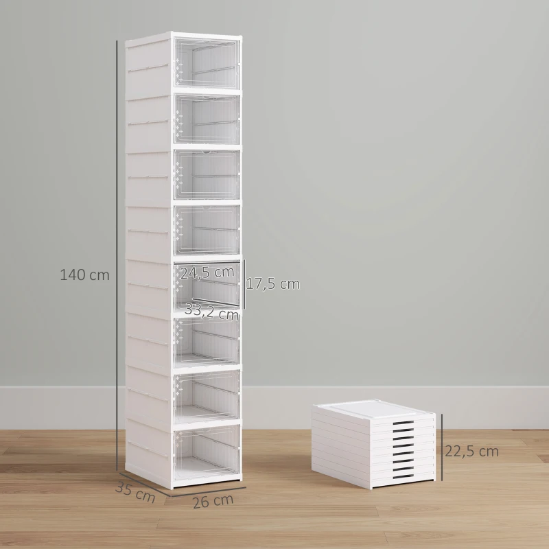 HOMCOM Sapateira Dobrável Organizador para Sapatos de 8 Níveis com Portas Transparentes para Sapatos até Tamanho 43 26x35x140 cm Branco