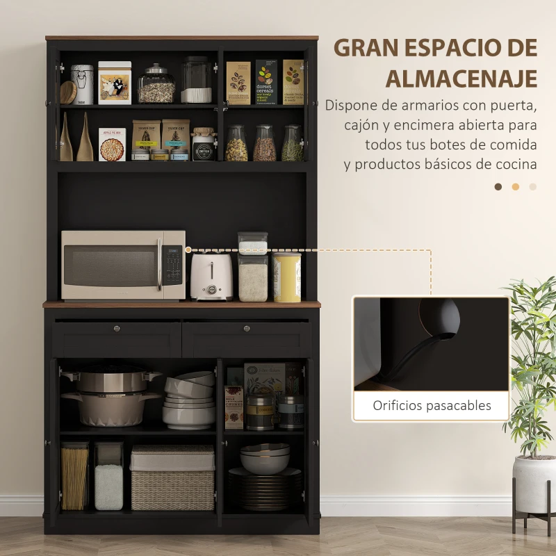 HOMCOM Alacena de Cocina con 3 Puertas de Vidrio Compartimento Abierto 2 Cajones y Estantes Ajustables 100x40x180 cm Negro
