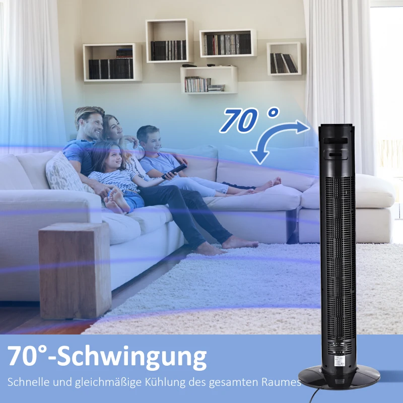 HOMCOM 70° oszillierender Turmventilator mit Fernbedienung 3 Modi 3 Geschwindigkeiten Timer 32 x 32 x 96 cm Schwarz