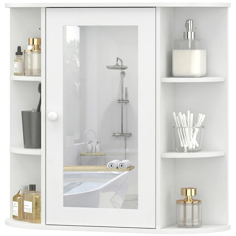 HOMCOM Armario de Baño con Espejo, Armario de Pared con Puerta, Estantes Abiertos, Mueble de Baño Colgar para Cocina, Salón, 66x17x63 cm, Blanco
