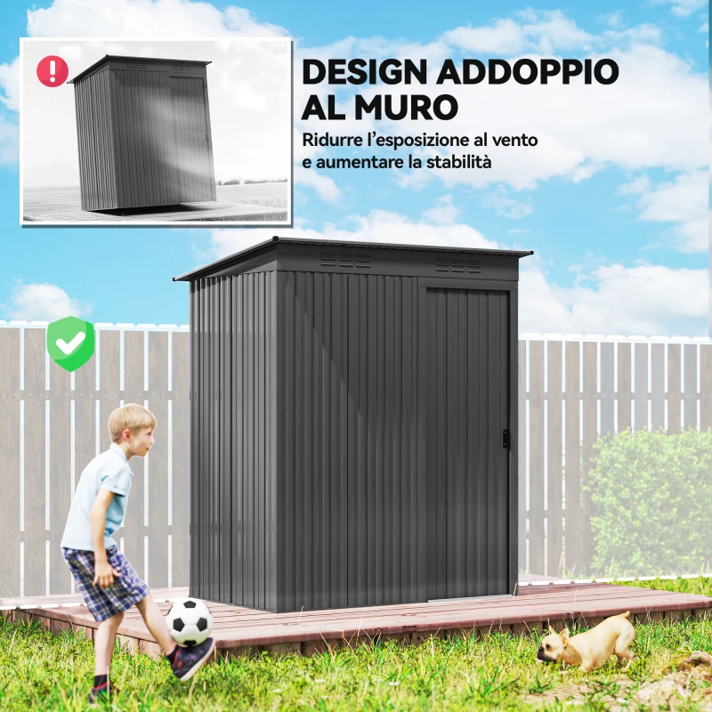Outsunny Casetta da Giardino in Metallo con Prese d'Aria e Porta Scorrevole, 159x106x181 cm, Grigio Scuro