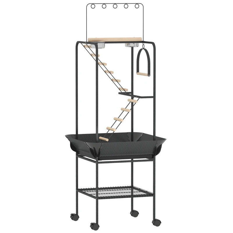 PawHut Parc de jeux pour oiseaux avec roulettes, échelles, balançoire, protège-graines, plateau, mangeoires, perchoirs 63x63x163 cm