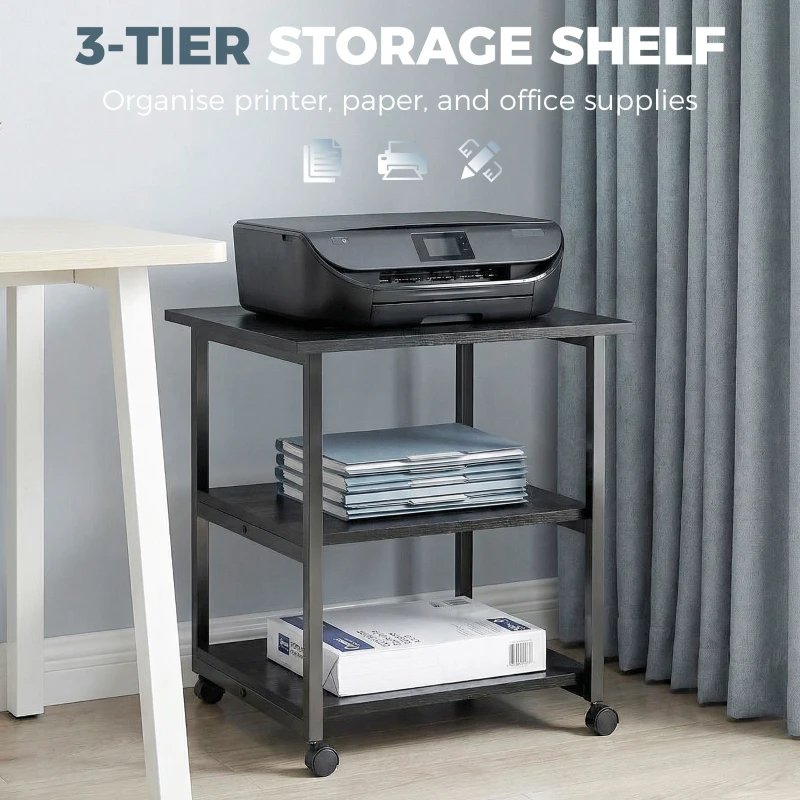HOMCOM Three-Tier Steel Printer Stand, with Wheels - Black