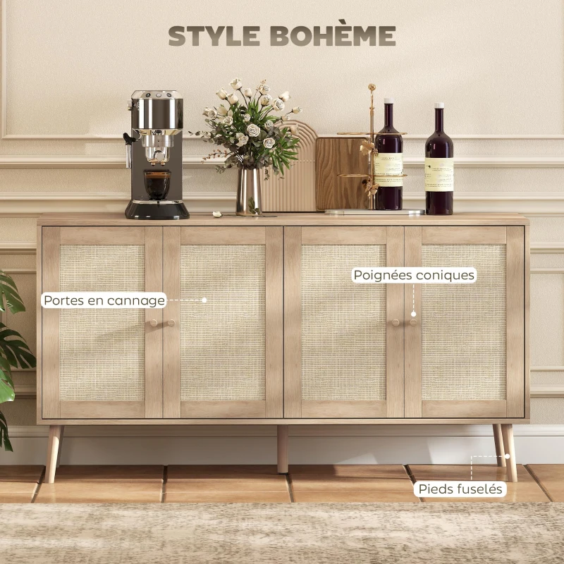 HOMCOM Buffet salon meuble de rangement placards à portes en cannage et étagère réglable 140 x 40 x 75 cm effet bois naturel