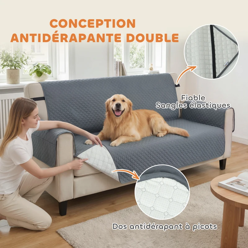 PawHut Housse de Canapé Protecteur de Meubles 3 Places Imperméable Anti-glisse avec Poches de Rangement Gris