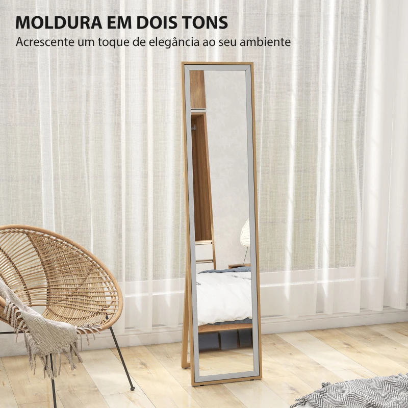 HOMCOM Espelho de Pé 157x37 cm com Moldura em MDF Espelho de Parede Retangular  com 2 Formas de Utilização Madeira e Prata