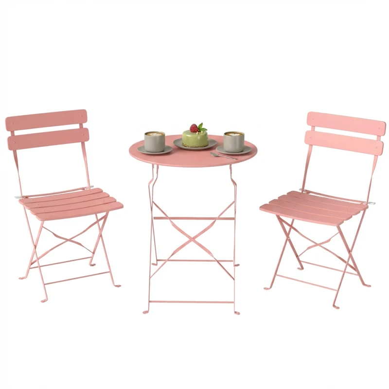 Outsunny Ensemble Bistrot de Jardin 3 Pièces Table et 2 Chaises Pliantes à Lattes Double Protection Antirouille Rose