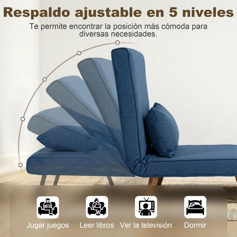 HOMCOM Sofá Cama Individual Plegable con Respaldo Ajustable 5 Posiciones Sillón Cama Tapizado con Cojín 72x75x85 cm Azul