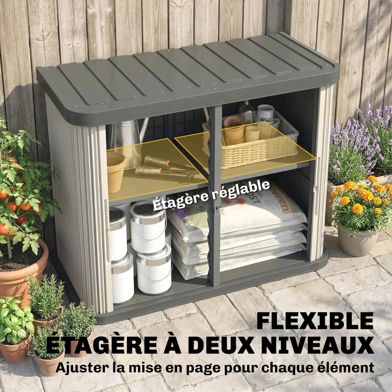 Outsunny Coffre de Rangement Extérieur 480 L, 2 Niveaux avec Portes Coulissantes Résistant aux UV, 120,5x59,5x92cm, Marron Clair